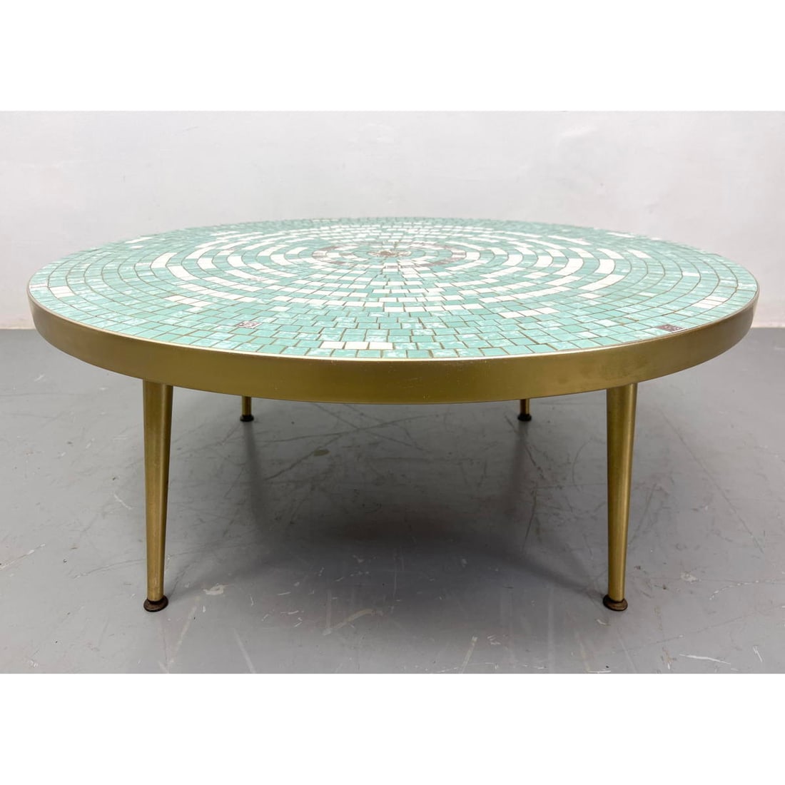 Round Glazed Tile Top Coffee table. Modern Design Concentric Circles of 1" Glazed tiles: Aqua, White (1 of 10)