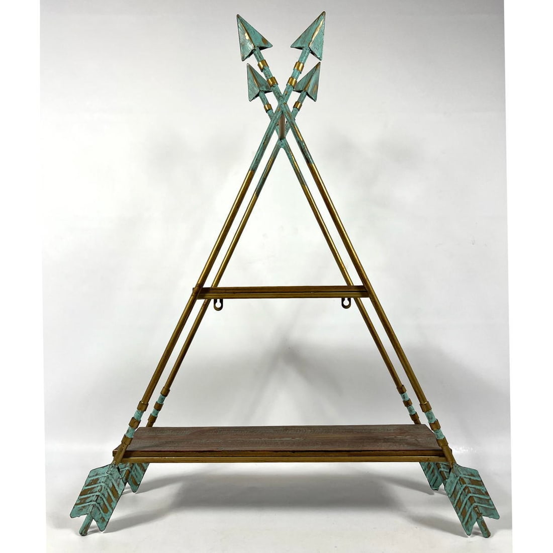 Brass and Wood Arrowhead wall Hanging Shelf Unit. Graduated length shelves with distressed paint fin (1 of 10)