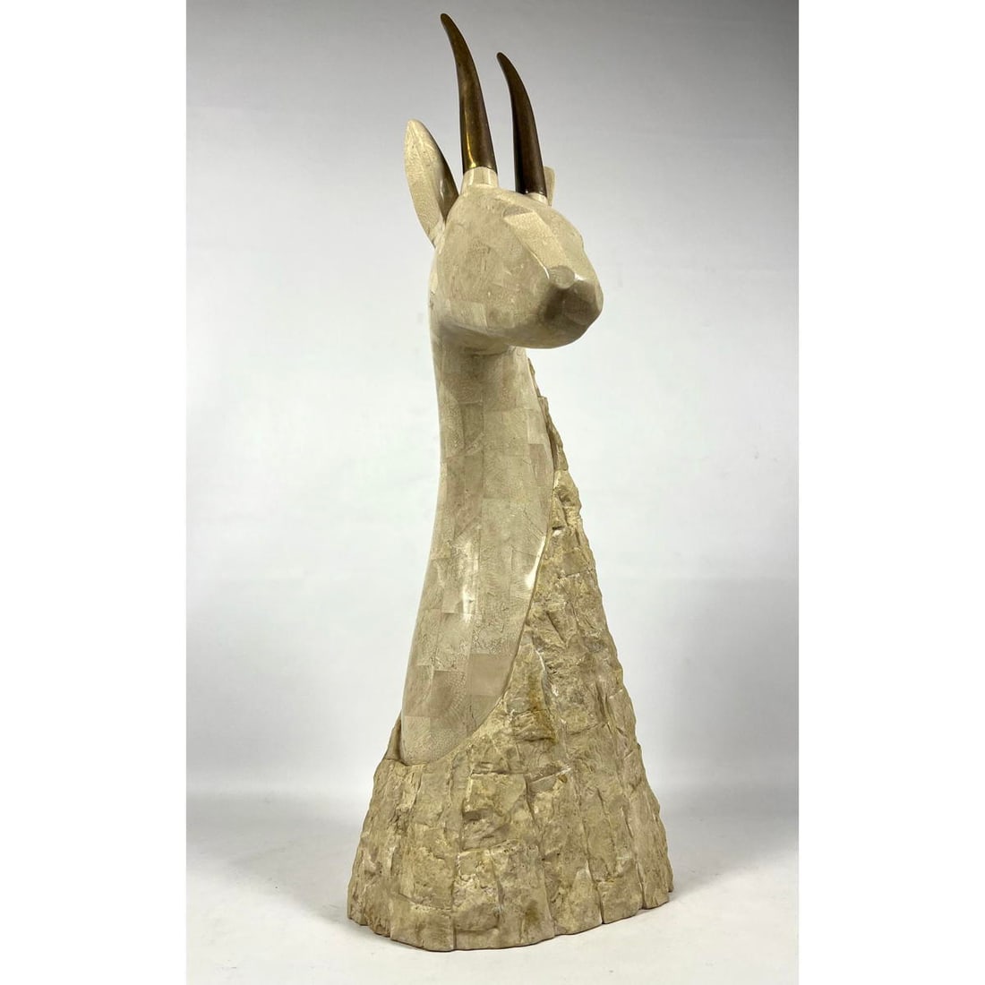 Tall figural Animal Sculpture. Fossilized Coral Tesserae Tiles. Metal Horns.: Tall figural Animal Sculpture. Fossilized Coral Tesserae Tiles. Metal Horns. H: 27.5 inches: W: 10 inches: D: 8 inches ---