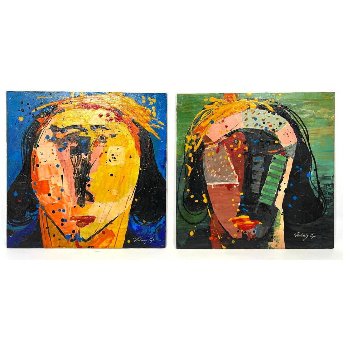 2pc VLADIMIR COJA Abstract Portrait Paintings. Colorful painted images of heads busts. Both signed. (1 of 10)
