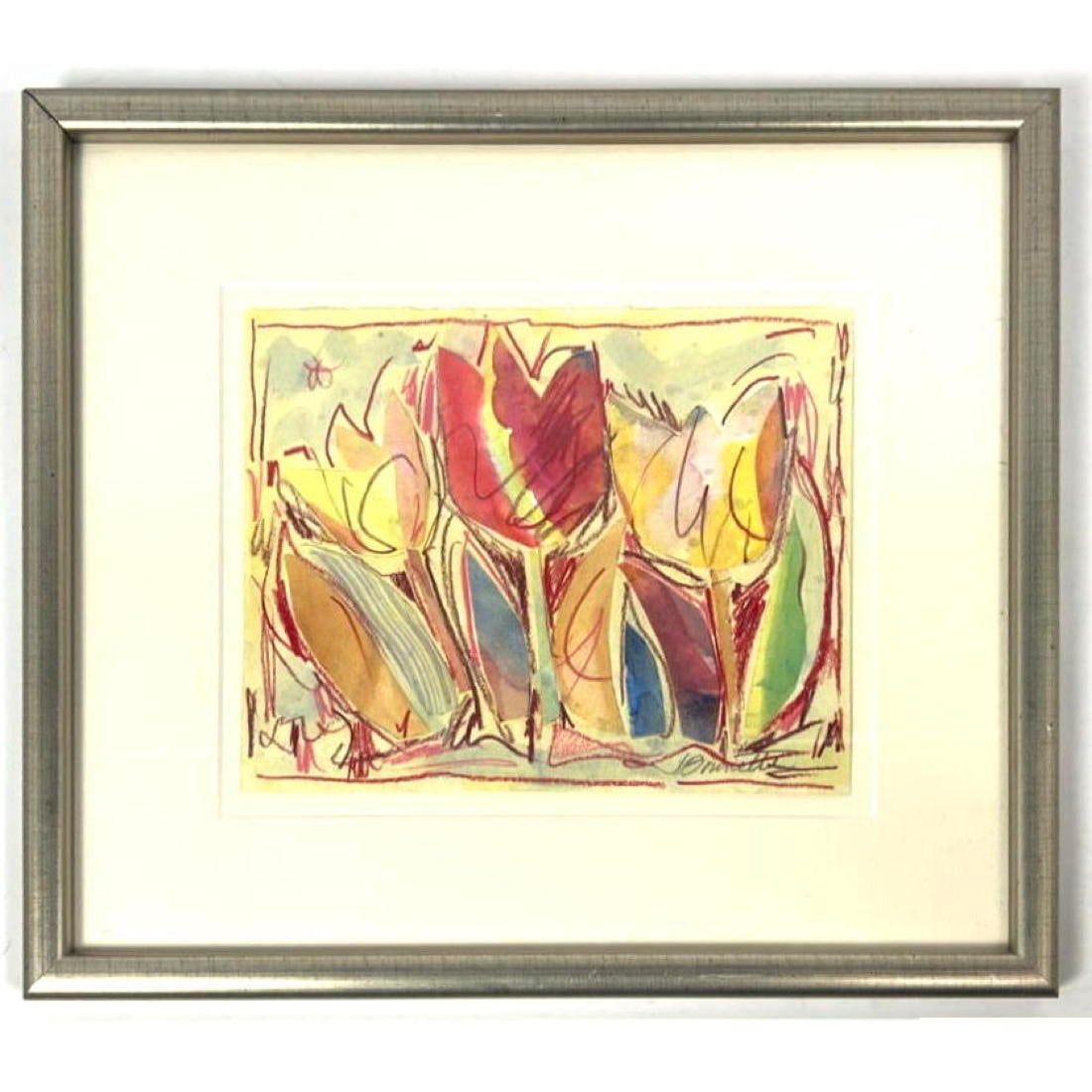 J BOUNETTE Modernist Drawing Collage. Painted Paper Collage with additional drawing of tulips. Signe (1 of 8)