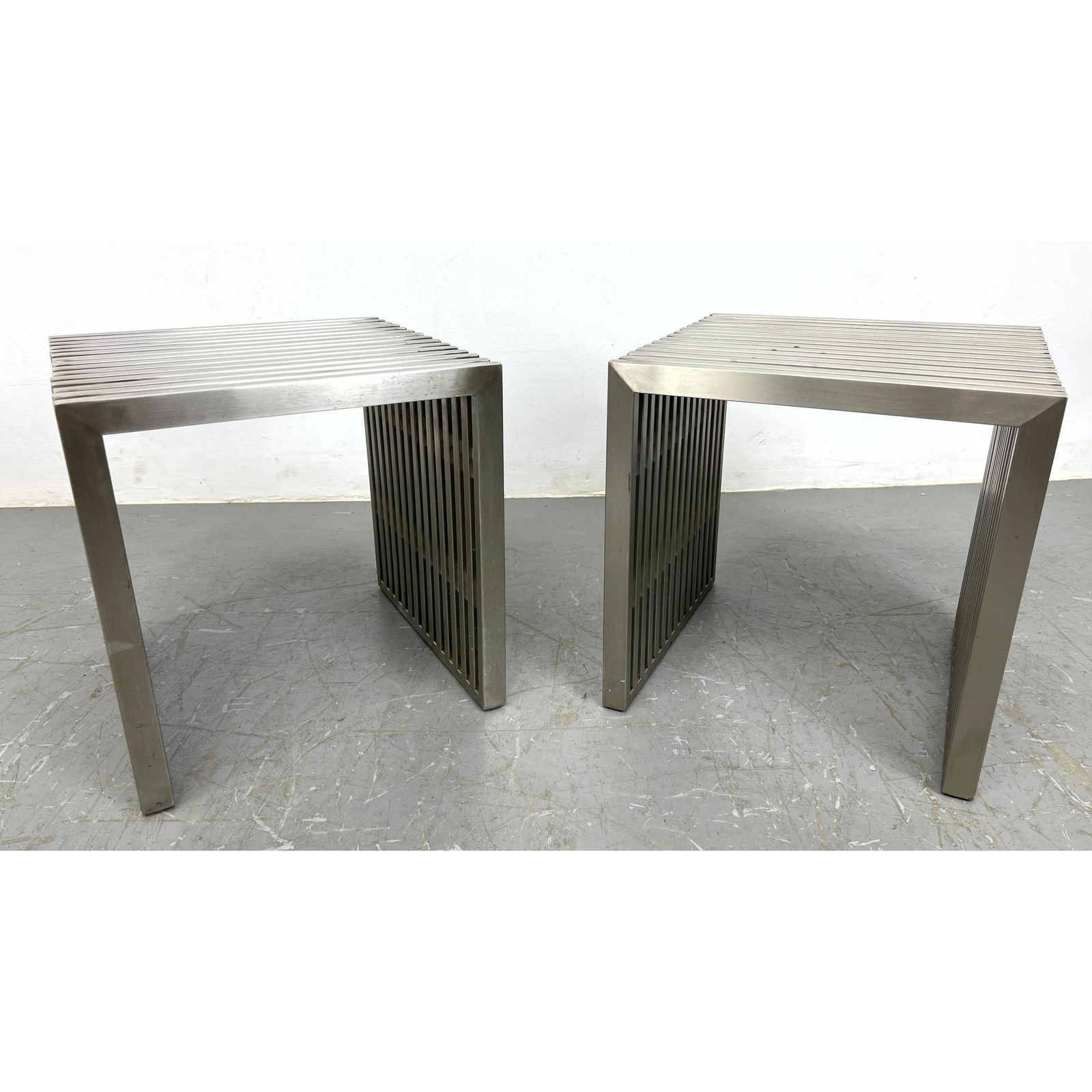 Pair Stainless Steel Modernist Slat Benches Side Tables. Lucite acrylic spacers. (1 of 13)