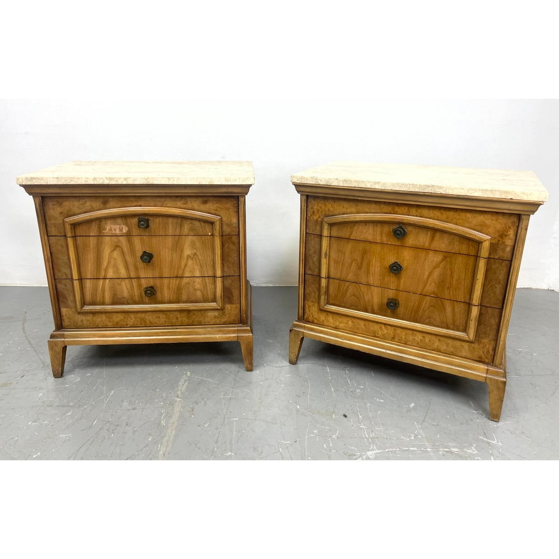 Pair 70s Modern Travertine Top Night Stands: Pair 70s Modern Travertine Top Night Stands H: 24.25 inches: W: 24.5 inches: D: 16 inches ---