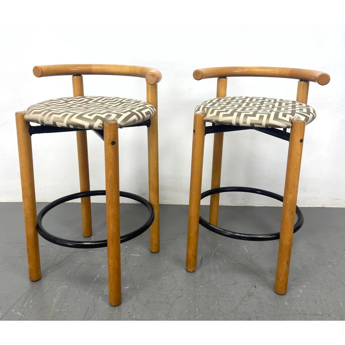 Pr LUBKE Post Modern Bar Stools. Wood frames with metal tube foot rests. Germany. Label. (1 of 17)