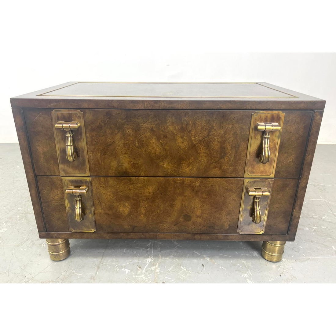 Mastercraft Burl Elm Two Drawer Nightstand with Brass Legs and Pulls (1 of 13)