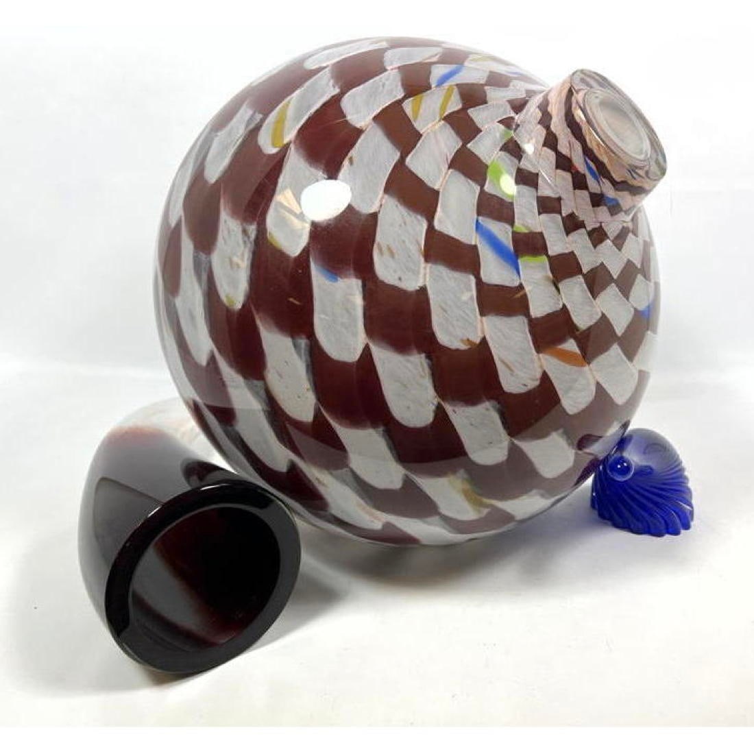 KATHLEEN MULCAHY 3pc Studio Art Glass Spinner, Horn Group. Brown and White Spinner with cased glass (1 of 13)