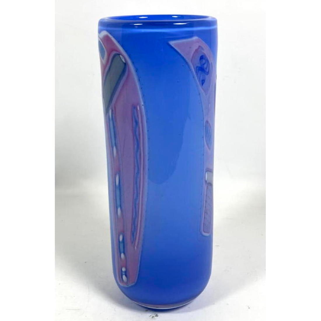 Signed Studio Art Glass Tall Cylindrical Vase. Blue with internal decoration. Illegibly signed. (1 of 9)
