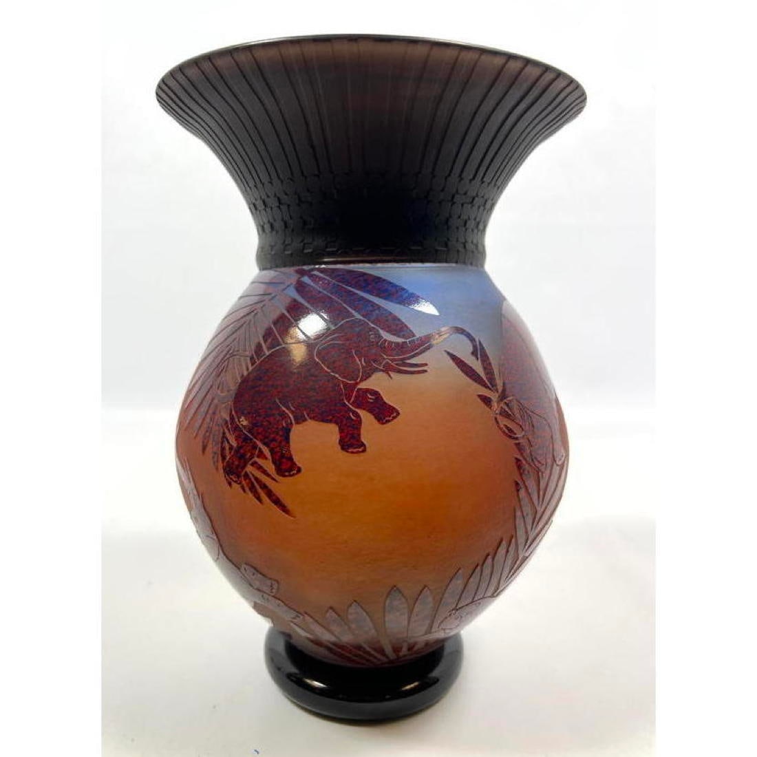 GARY GENETTI Studio Art Glass Acid Etched Vase. Elephants dancing in vegetation. Signed and dated 19 (1 of 11)