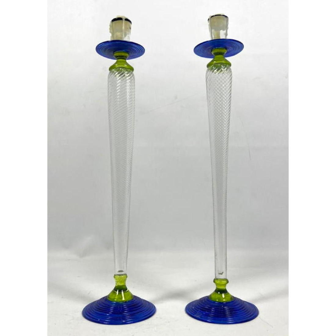 Pr 17 inch STUDIO PARAN Art Glass Candlesticks. Clear twisted glass forms with cobalt blue and green (1 of 10)