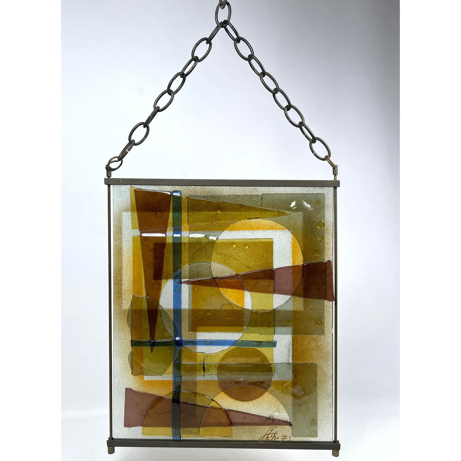 Abstract Mid Century Laminated Art Glass Window Art. Bronze framed; can be hung on wall or in window (1 of 7)