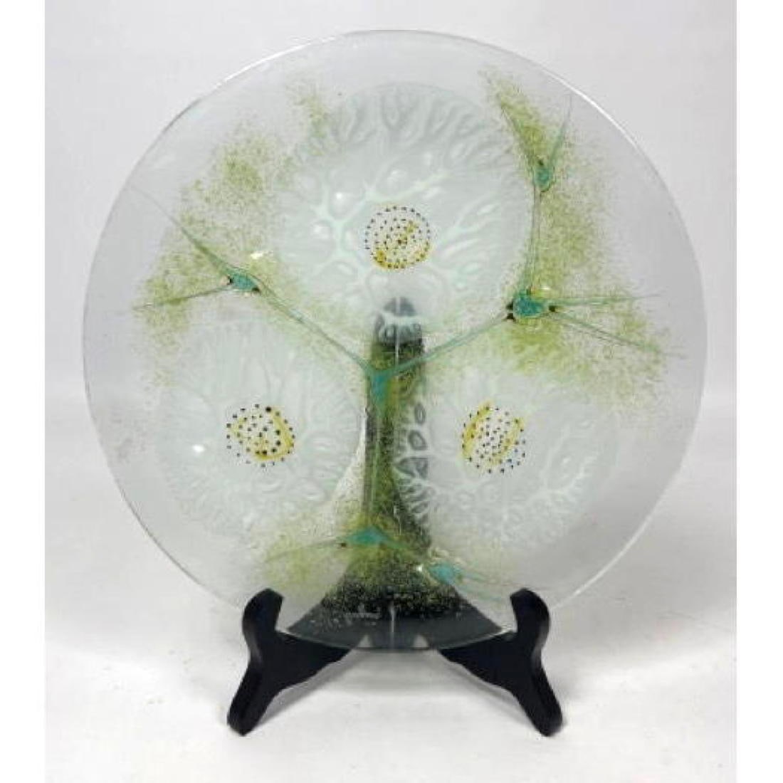 Early MICHAEL HIGGINS Art Glass Plate Charger. Organic design of flowers or coral. Etched Signed. (1 of 9)