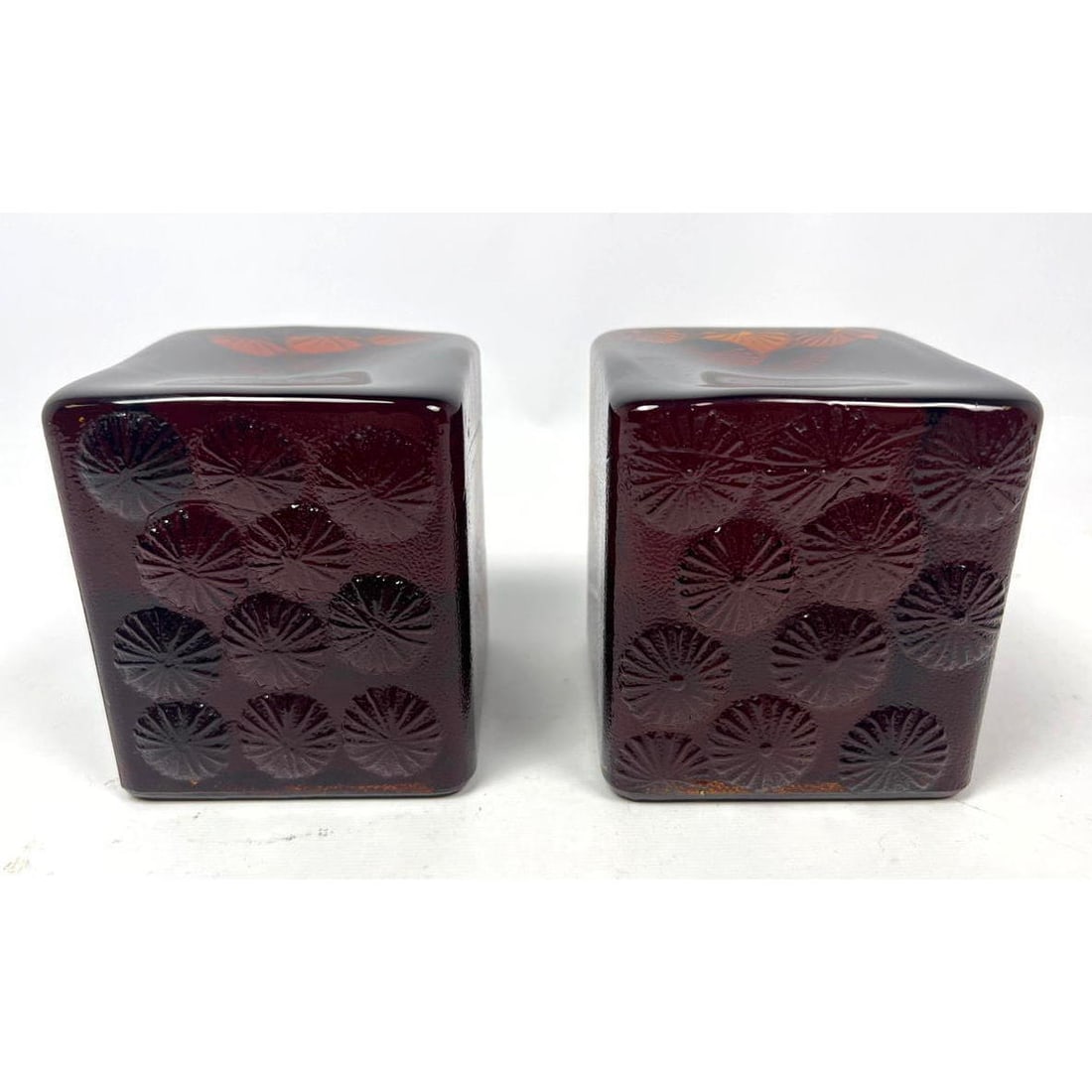 Pr BLENKO Book Ends. Mid Century Modern Art Glass. Cube forms with raised "Pom Pom" details. (1 of 10)