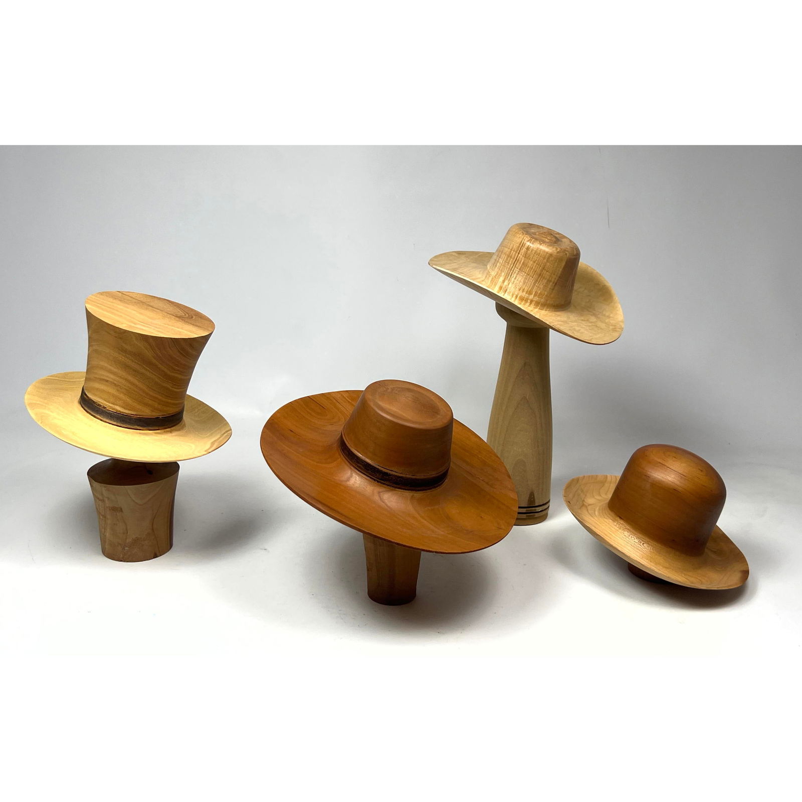 Collection 4 Artisan Studio Carved Wood Mini Hats. 2 Cowboy Hats, Top Hat, Bowler. On Custom Wood St (1 of 15)