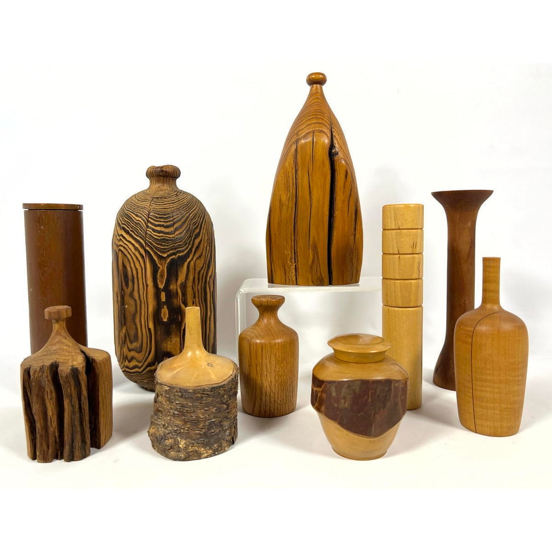 10pc Mid Century Artisan Turned Wood Vases Vessels. Some signed. (1 of 14)