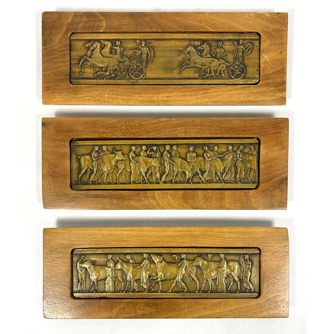 3pc MCM Neoclassical Bronze, Wood Wall Plaques. Classical Greek or Roman theme images. Triptych. (1 of 10)