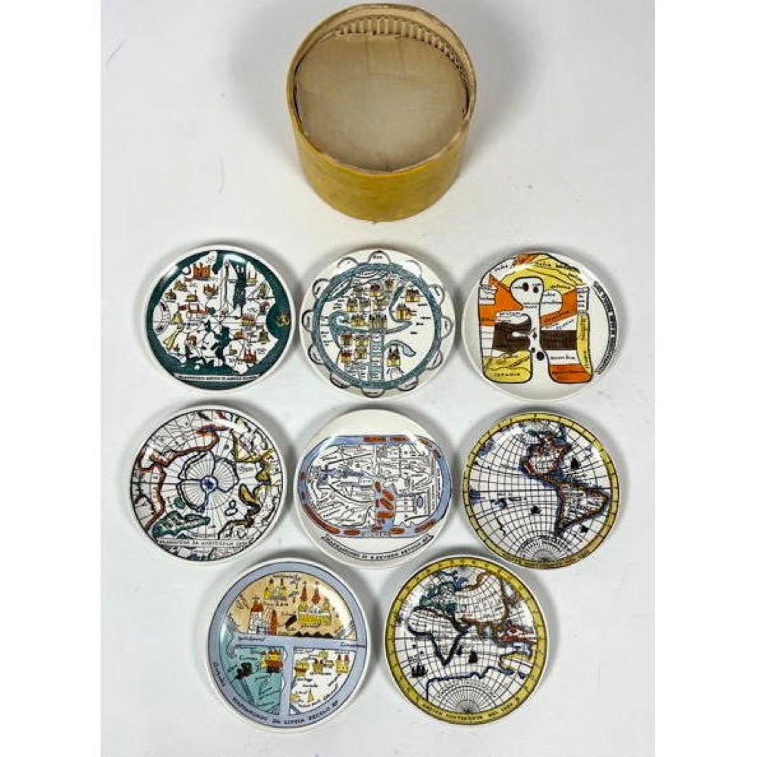 Set 8pc PIERO FORNASETTI Italian Coasters. Original Box. "Antichi Plansiferi" Series. Graphic images (1 of 15)