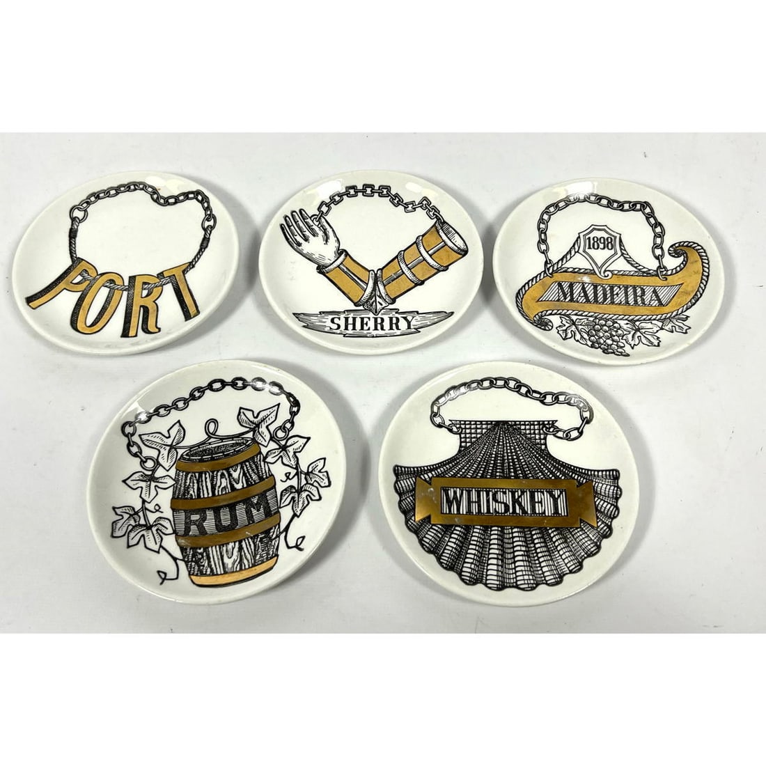 5pc PIERO FORNASETTI Italy Italian Ceramic Coasters. "Vini e Liquori". Wine and Liquor.: 5pc PIERO FORNASETTI Italy Italian Ceramic Coasters. "Vini e Liquori". Wine and Liquor. H: 4 inches: W: 4 inches: D: .25 inches --- US Packing and Shipping charge: $20 Plus insurance at a rate of $1 p