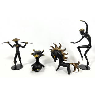 4pc Austrian Bronze Figural Sculptures. RENA ROSENTHAL Dancer. RENA ROSENTHAL Man with Hat. BOSSE Bu: 4pc Austrian Bronze Figural Sculptures. RENA ROSENTHAL Dancer. RENA ROSENTHAL Man with Hat. BOSSE Bull. Horse. H: 7 inches: W: 2 inches: D: 1.5 inches --- US Packing and Shipping charge: $35 Plus insu