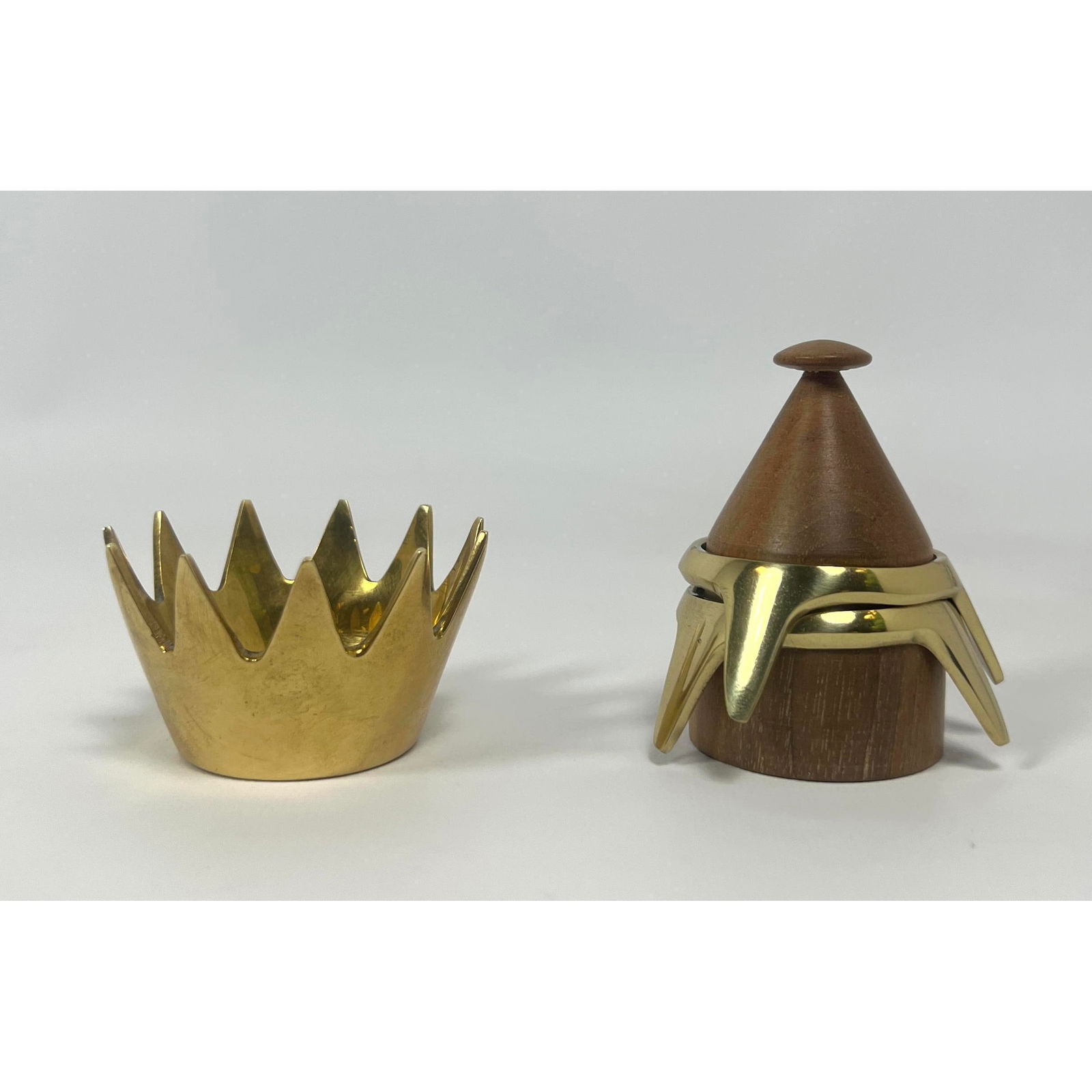 CARL AUBOCK Austrian Bronze and Wood Items. Mini Crown Dish. Wood Stand with two bronze egg cup stan: CARL AUBOCK Austrian Bronze and Wood Items. Mini Crown Dish. Wood Stand with two bronze egg cup stands. Crown marked. H: 1.5 inches: W: 2.5 inches: D: 2.5 inches --- US Packing and Shipping charge: $2