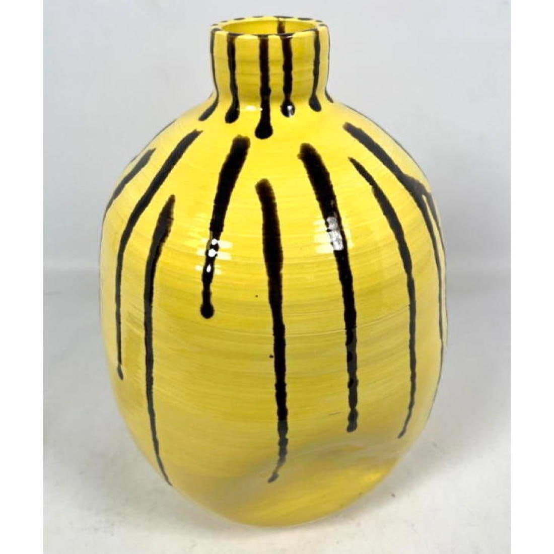 Large 14" Yellow Glazed Pottery Vase. Vessel. Dark Drip Details. Incised Numbers appear to be produc (1 of 8)