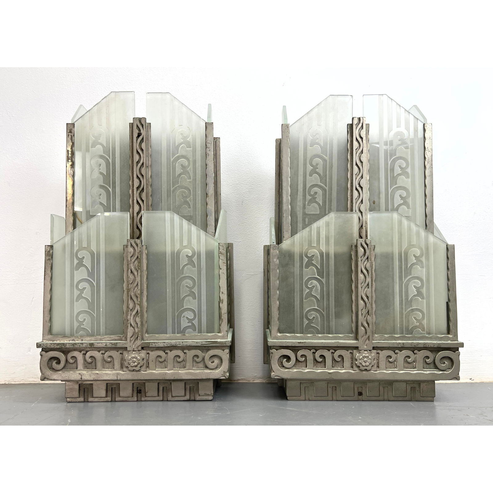 Pair Vintage Art Deco Nickeled Silver Theater Wall Sconces Lights. Acid etched glass. Large (1 of 16)