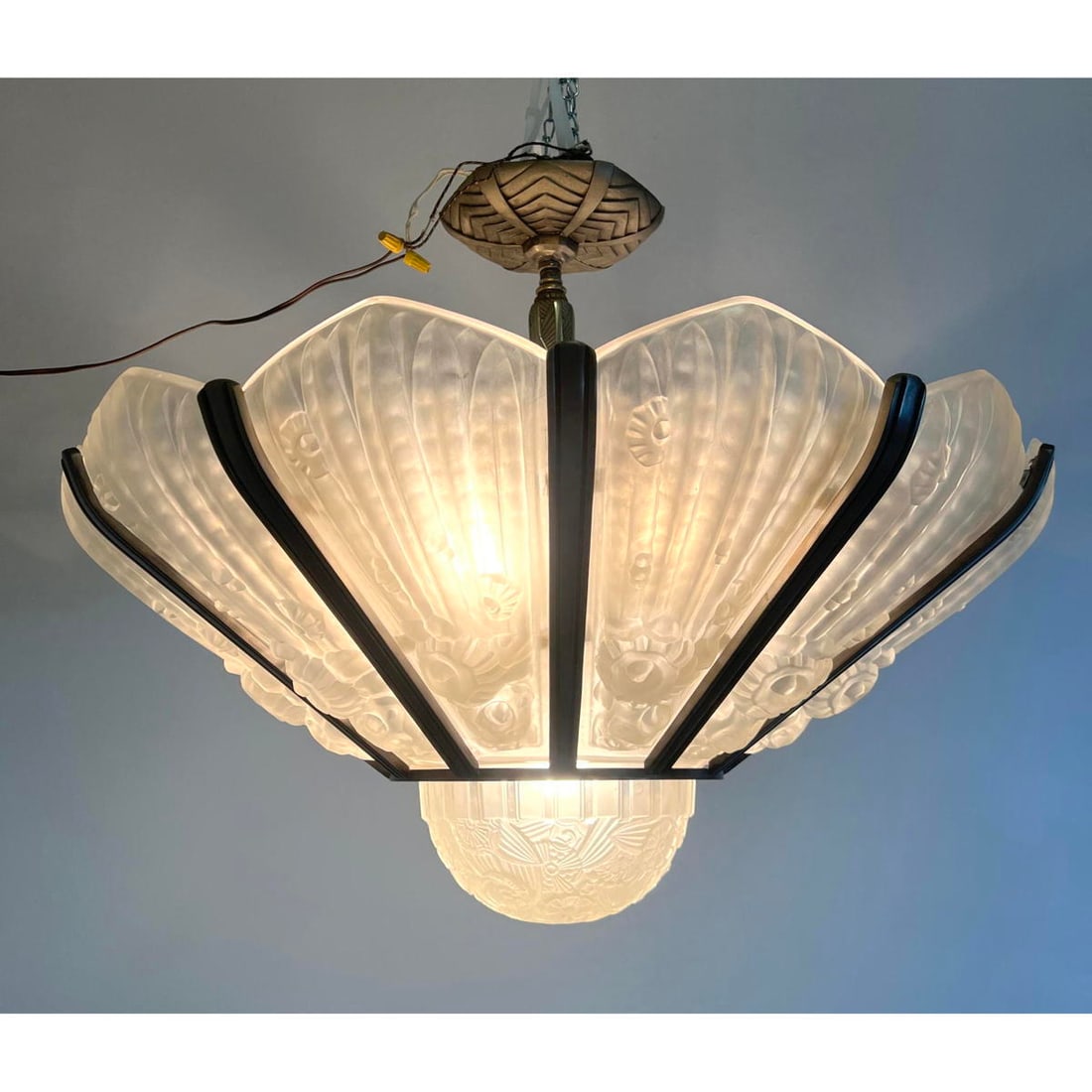 Genet et Michon French Art Deco Chandelier, Hettier and Vincent. Frosted molded glass deco chandelie (1 of 11)