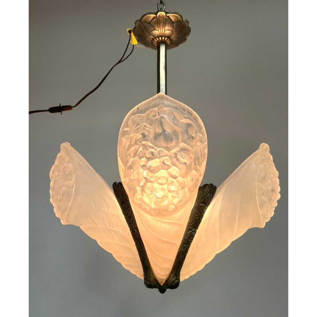 Schneider French Art Deco Chandelier Pendant Lamp. Molded frosted glass shades. Marked. Nickeled sil (1 of 11)