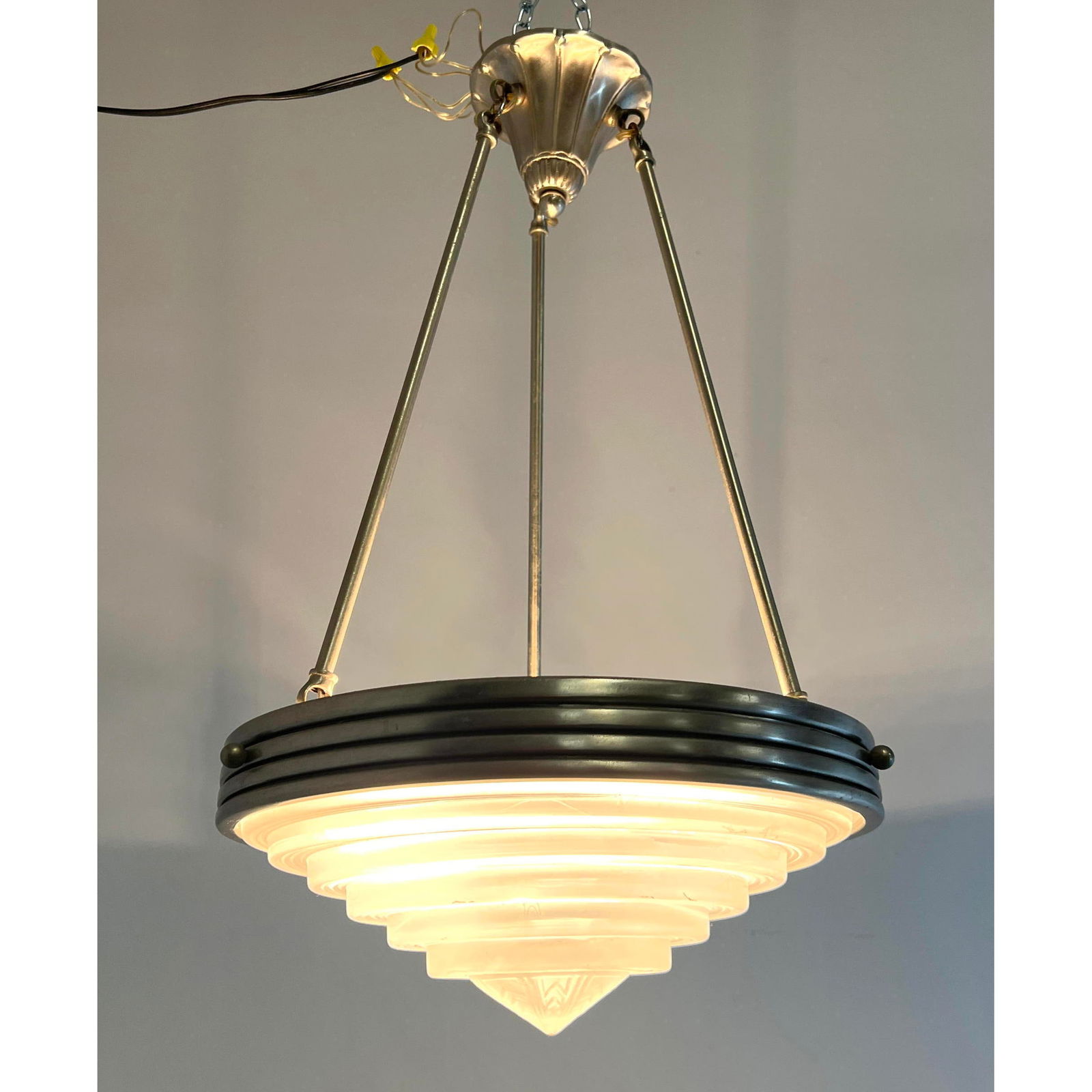 Vintage French Art Deco Chandelier Pendant Lamp. Stepped glass shade. Nickeled silver. (1 of 10)