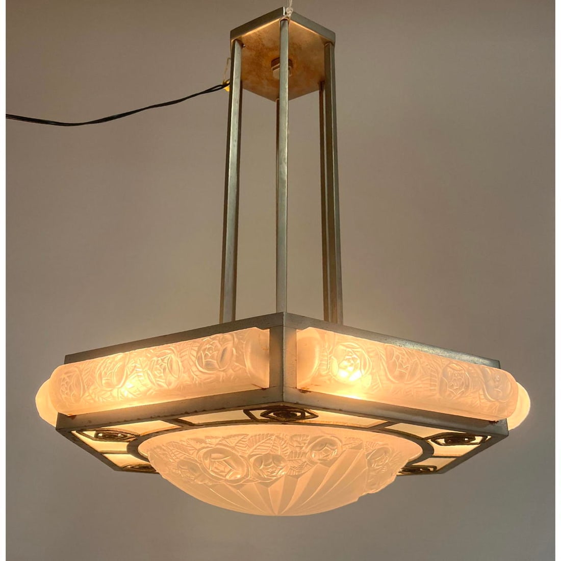 Good Vintage French Art Deco Chandelier. Frosted molded glass panels. Nickeled silver frame. (1 of 10)