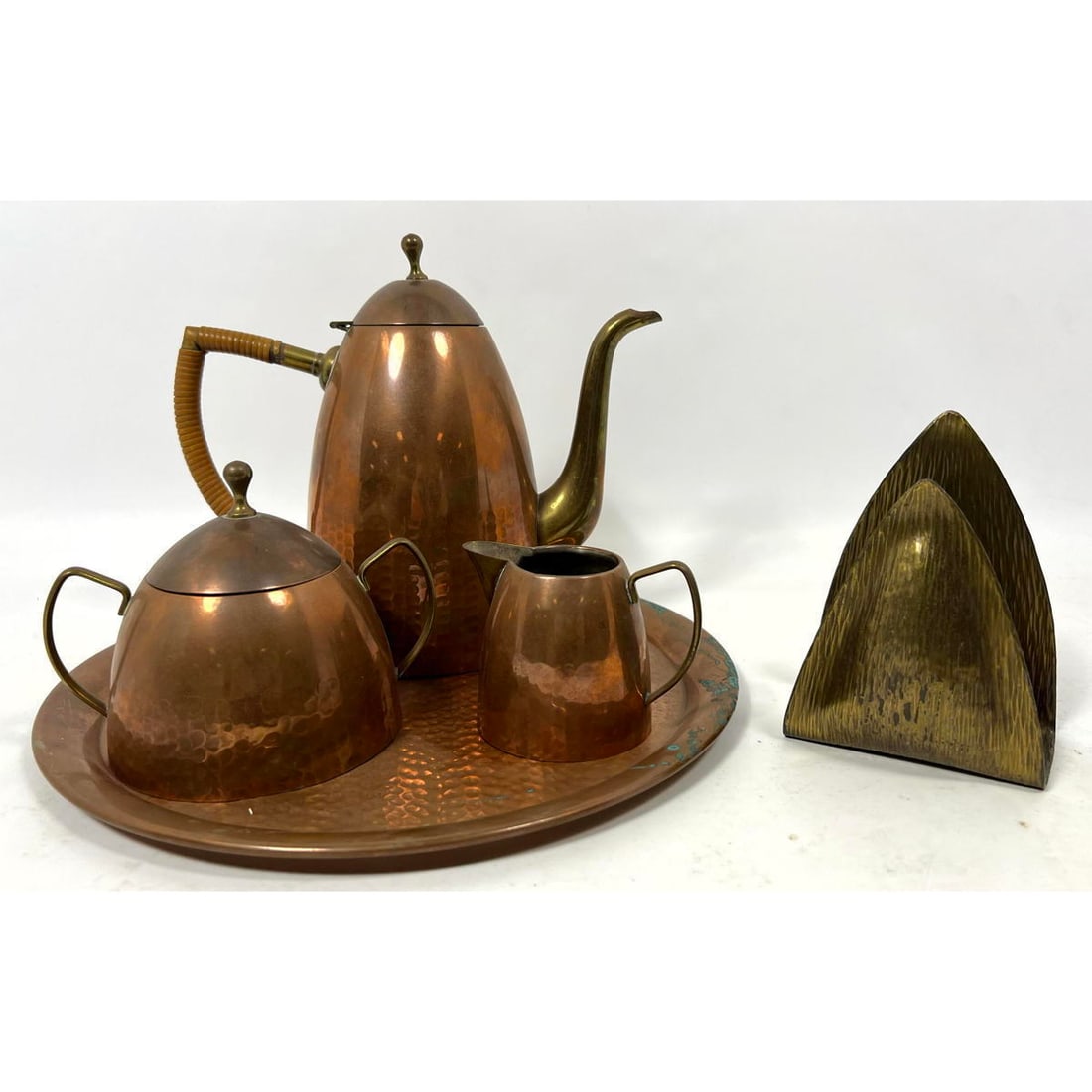 Arts and Crafts Metal Lot. 1) O.H. Lagerstedt. 4-piece. hand-hammered copper and brass tea set with (1 of 17)