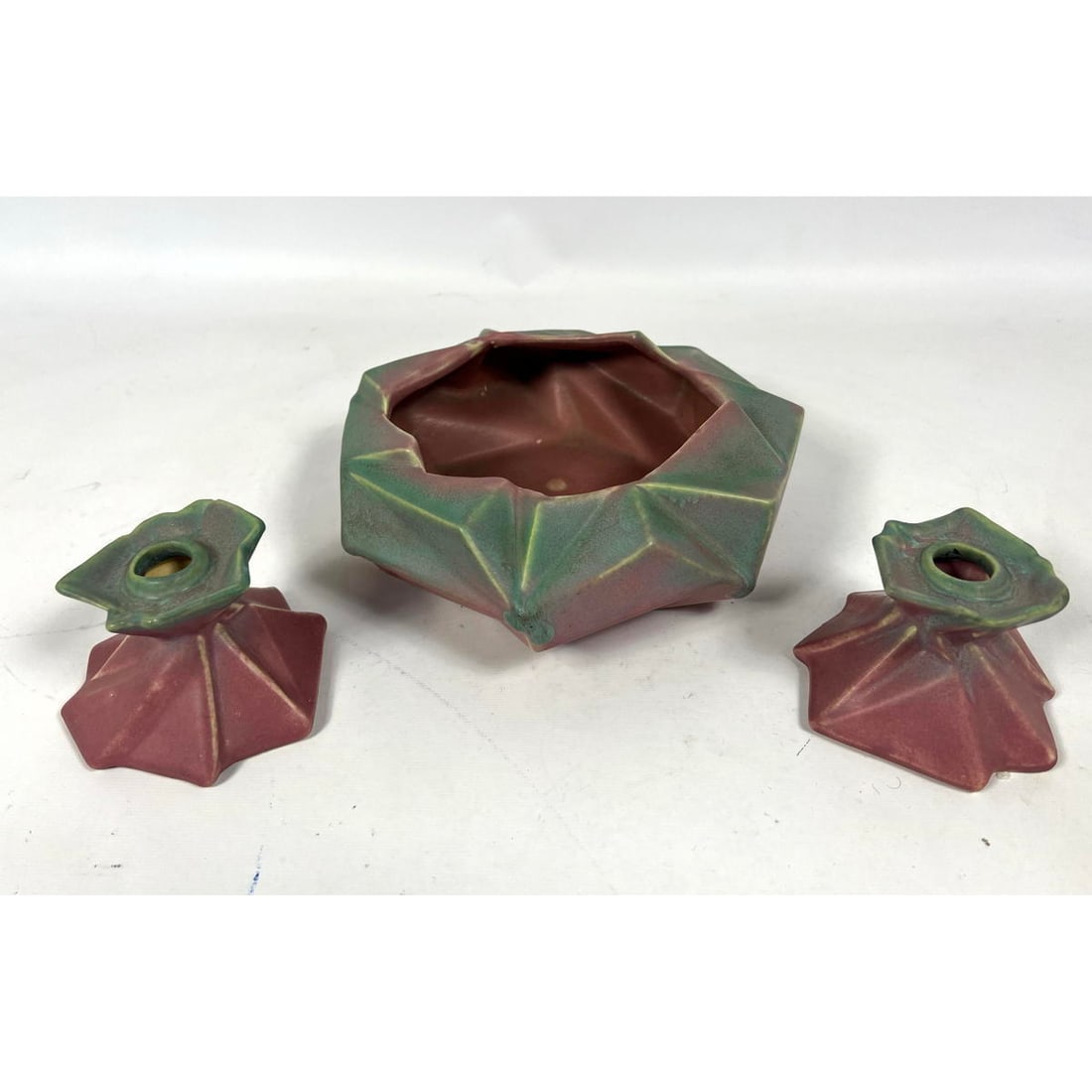 3pcs Ruba Rombic Pottery. Center Bowl and Candlesticks. designed by Reuben Haley for Muncie Pottery. (1 of 14)