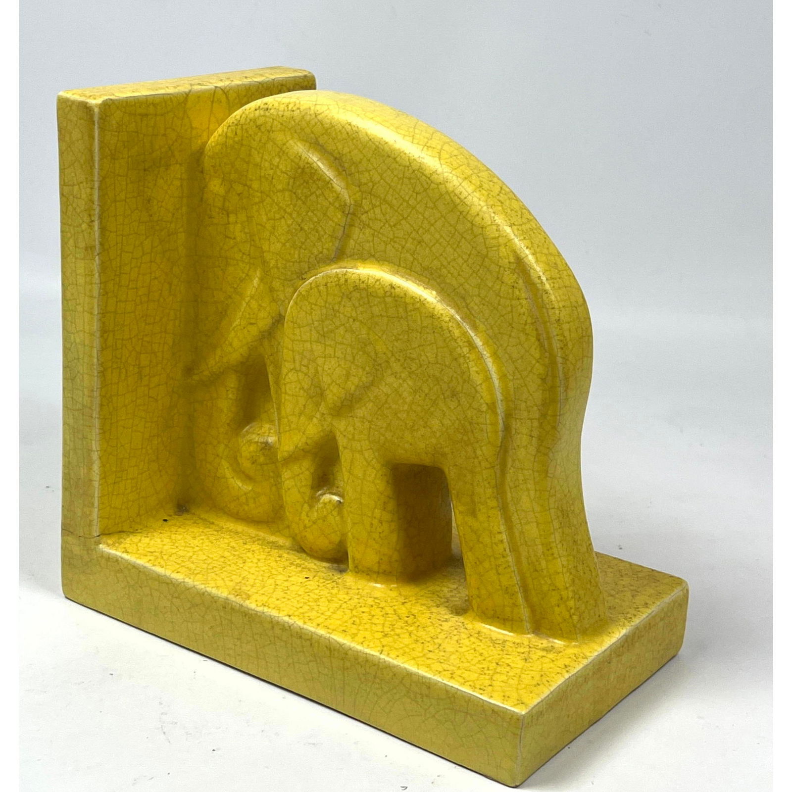 Mid Century Art Pottery Glazed Elephant Sculpture. Bookend. Bright Yellow Crackle Glaze. Marked on b (1 of 6)
