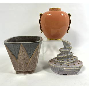 3pcs Art Deco Pottery. Boch Freres and Marcel Guillard Art Deco vases. France. c. 1935. Weller Flowe: 3pcs Art Deco Pottery. Boch Freres and Marcel Guillard Art Deco vases. France. c. 1935. Weller Flower Frog. Andre Fall vase. H: 5.5 inches: W: 5 inches: D: 6 inches --- US Packing and Shipping charge: