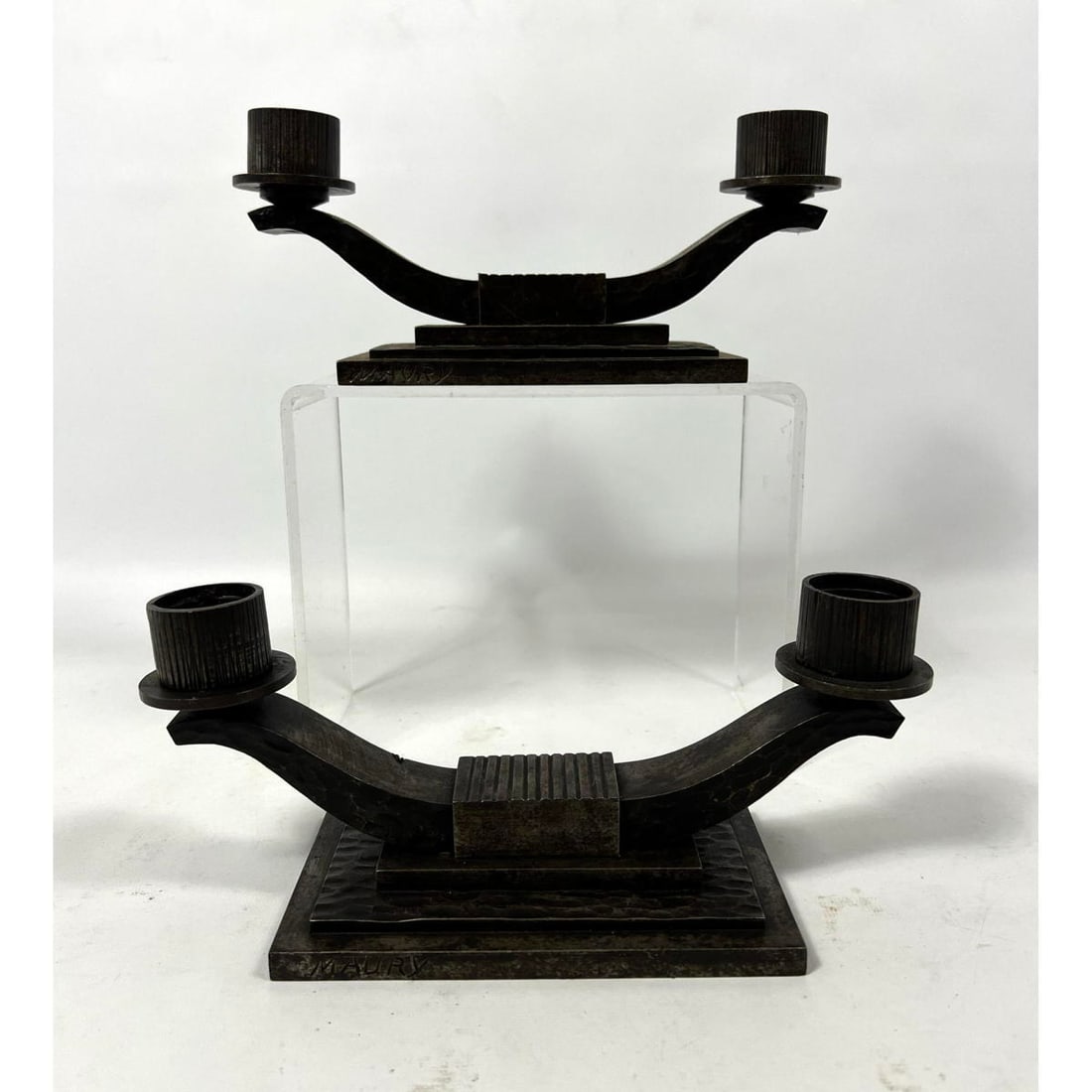 Pair of Art Deco Hand-Wrought Iron Candlesticks by Maury. France. c. 1930. Signed. (1 of 10)