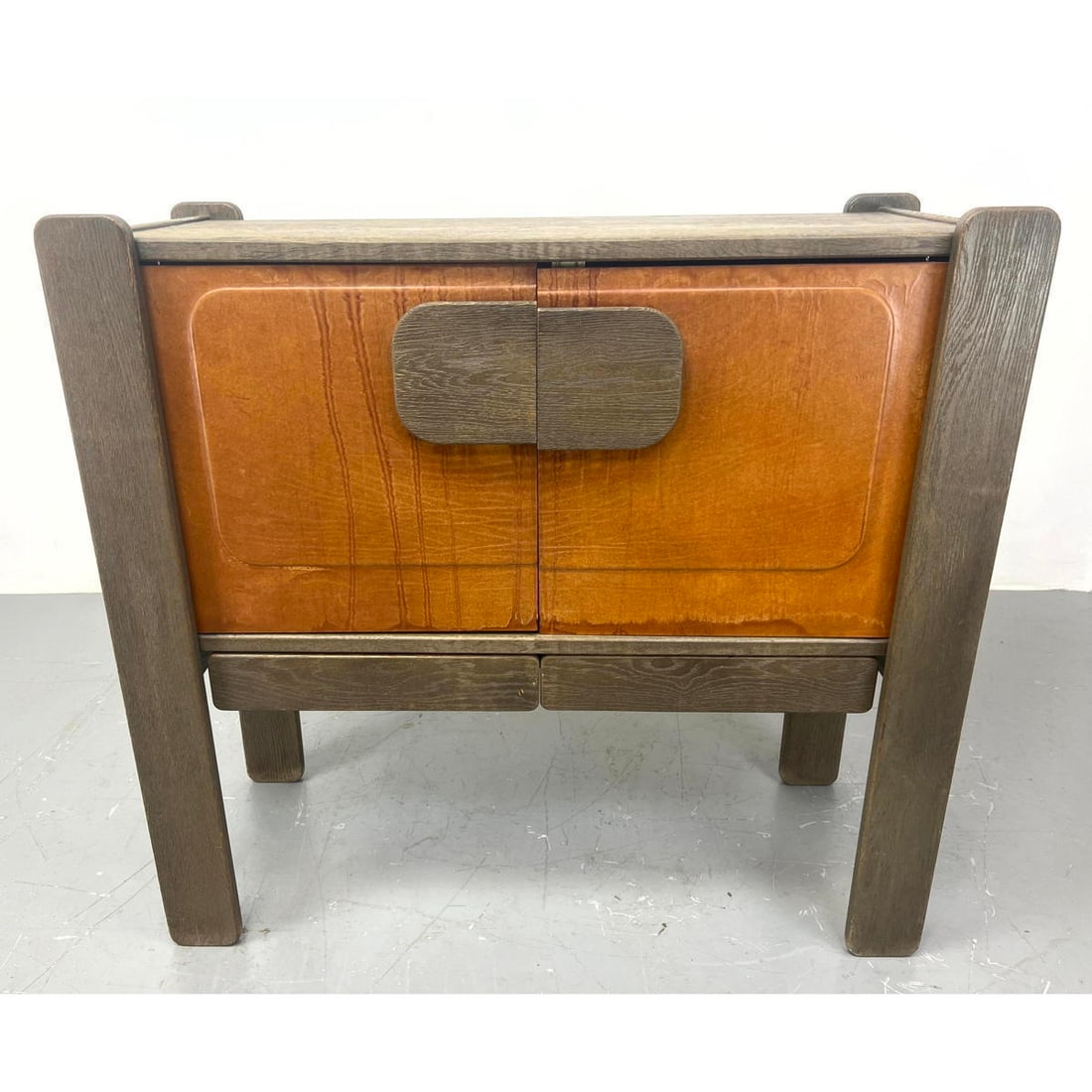 1970s Belgiun oak and leather cabinet. Saddle leather front, solid green gray stained oak by Hi-Plan (1 of 13)
