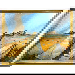 Otis Dozier Western Modernist Painting on Panel. Signed and dated 73.: Otis Dozier Western Modernist Painting on Panel. Signed and dated 73. Dimensions: Image Size: H: 35 inches: W: 48 inches: Frame Height: 38.5 inches: Frame Width: 51.5 inches ---