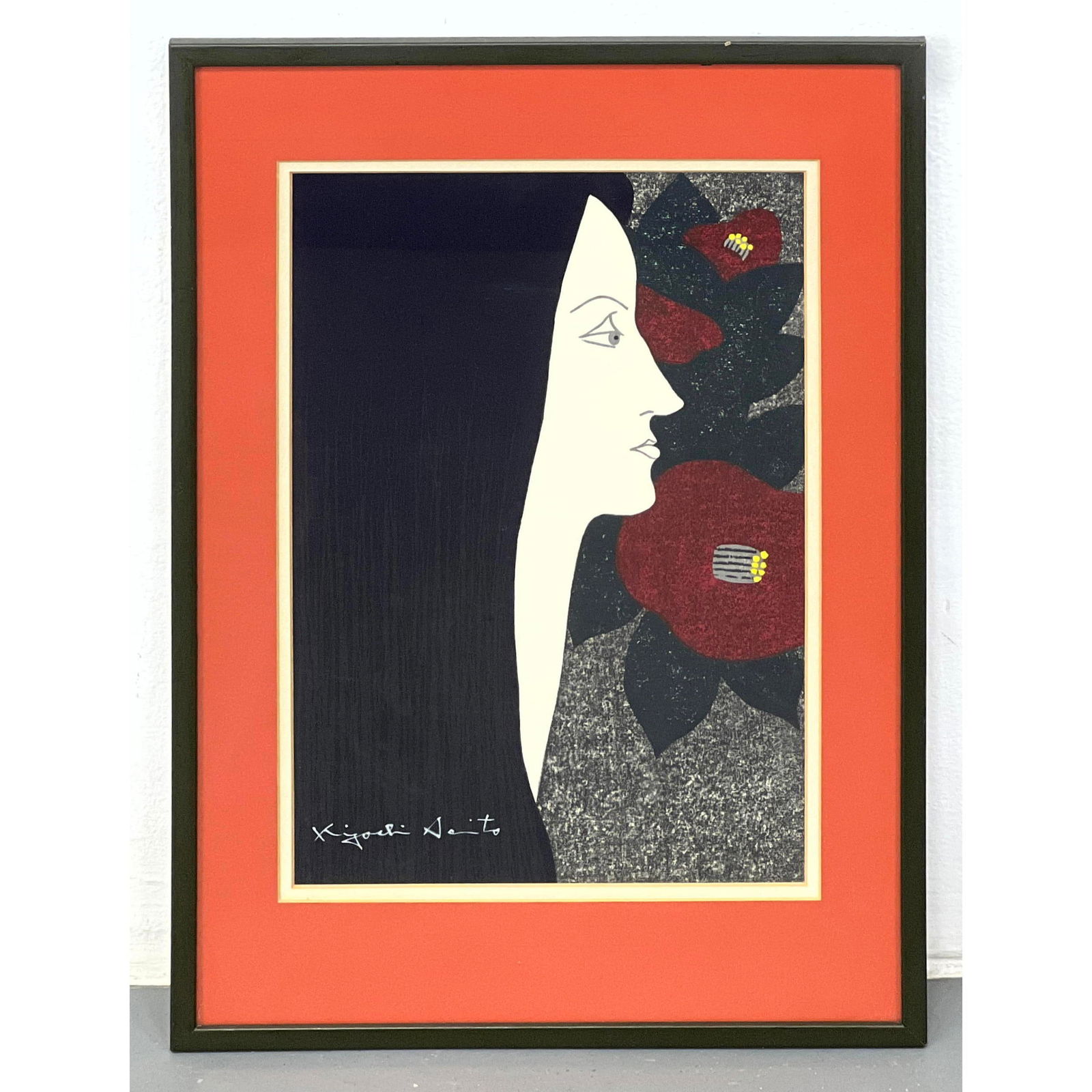 Kiyoshi Saito Woodblock Portrait Print. Silhouette of Woman with Red Flowers. (1 of 8)