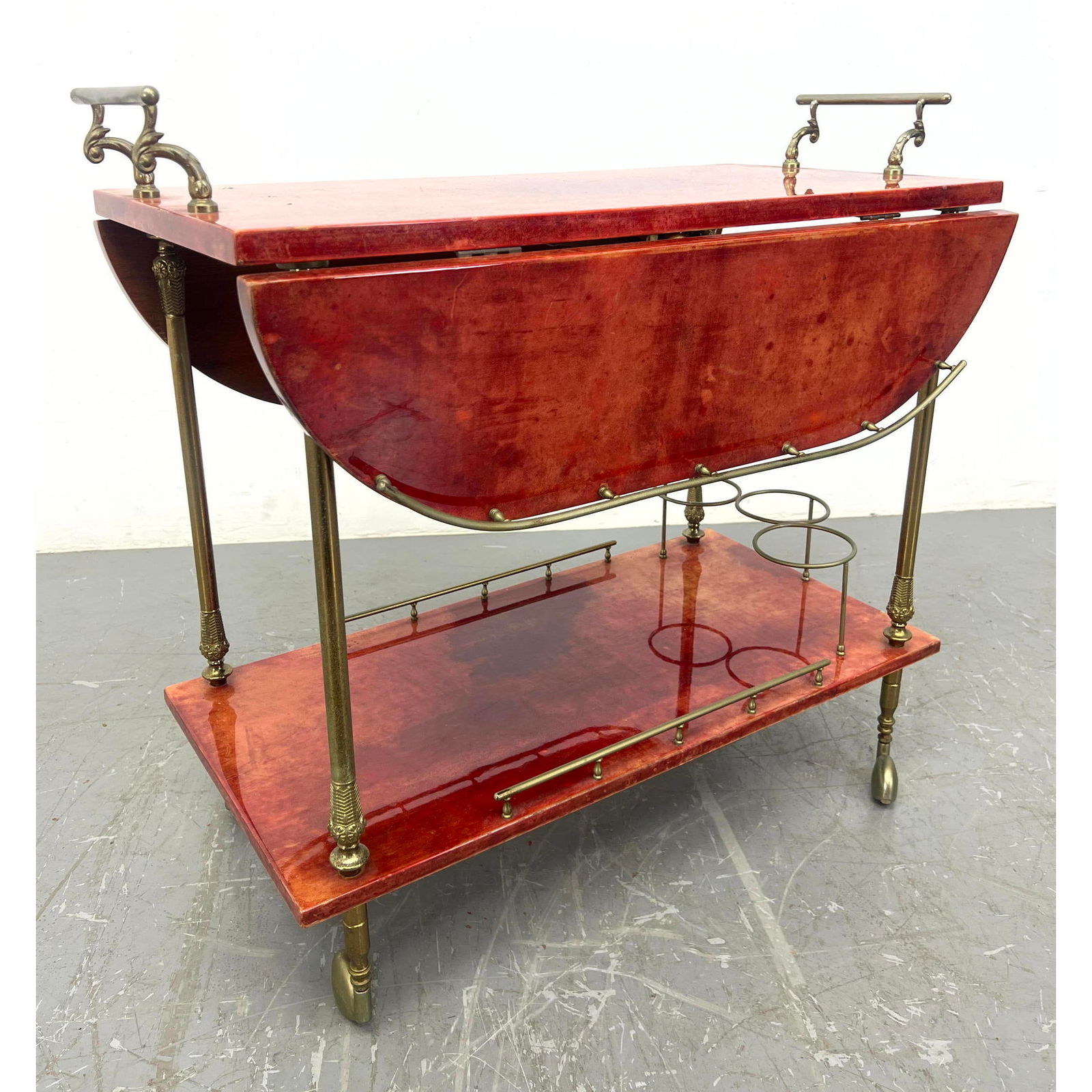 ALDO TURO Lacquered Goatskin Bar Serving Cart. Drop Sides. Dyed leather. Decorative gold metal handl (1 of 14)