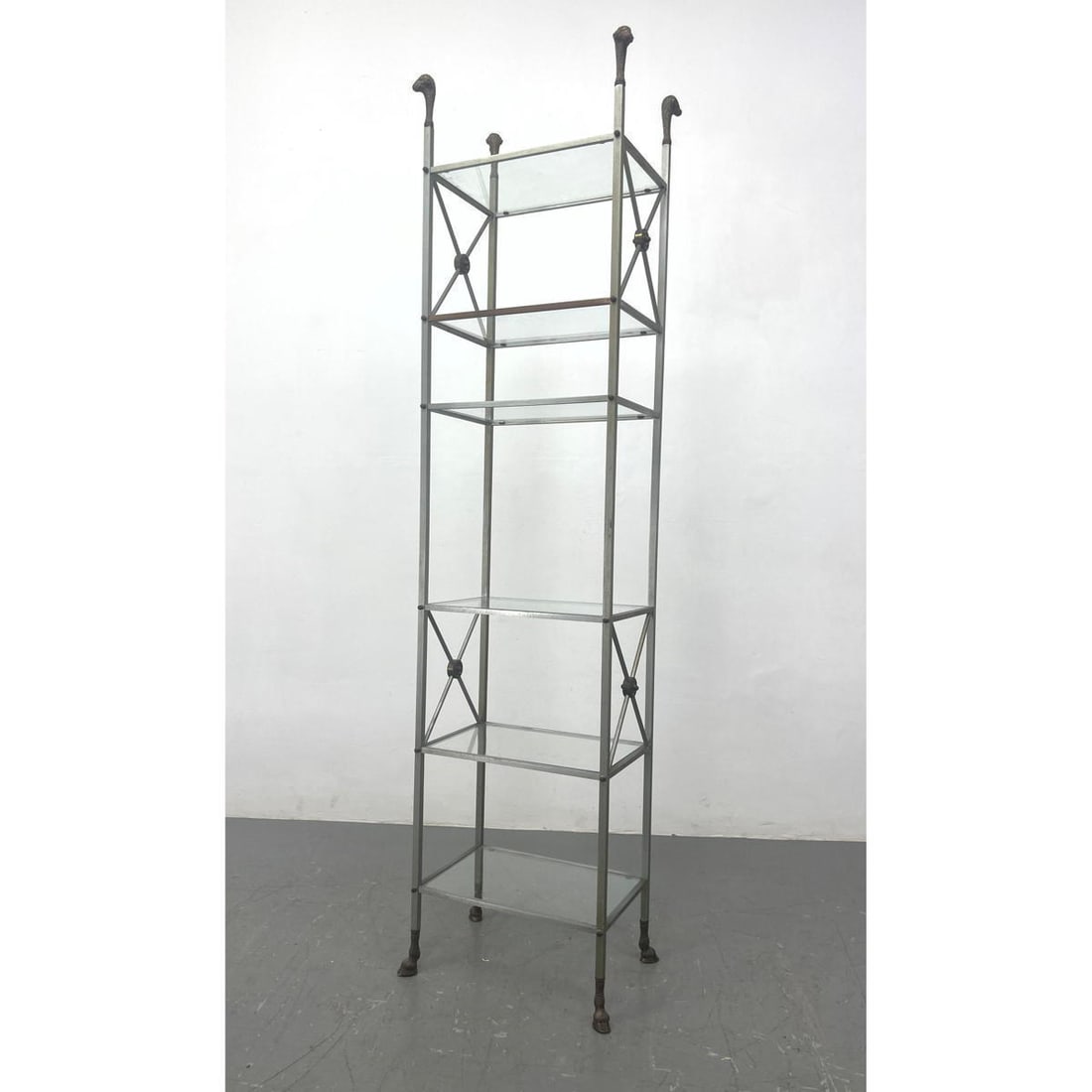Regency style Stainless Frame Etagere Display Shelves. X design sides. Ram's Head Finials and hoof F (1 of 14)