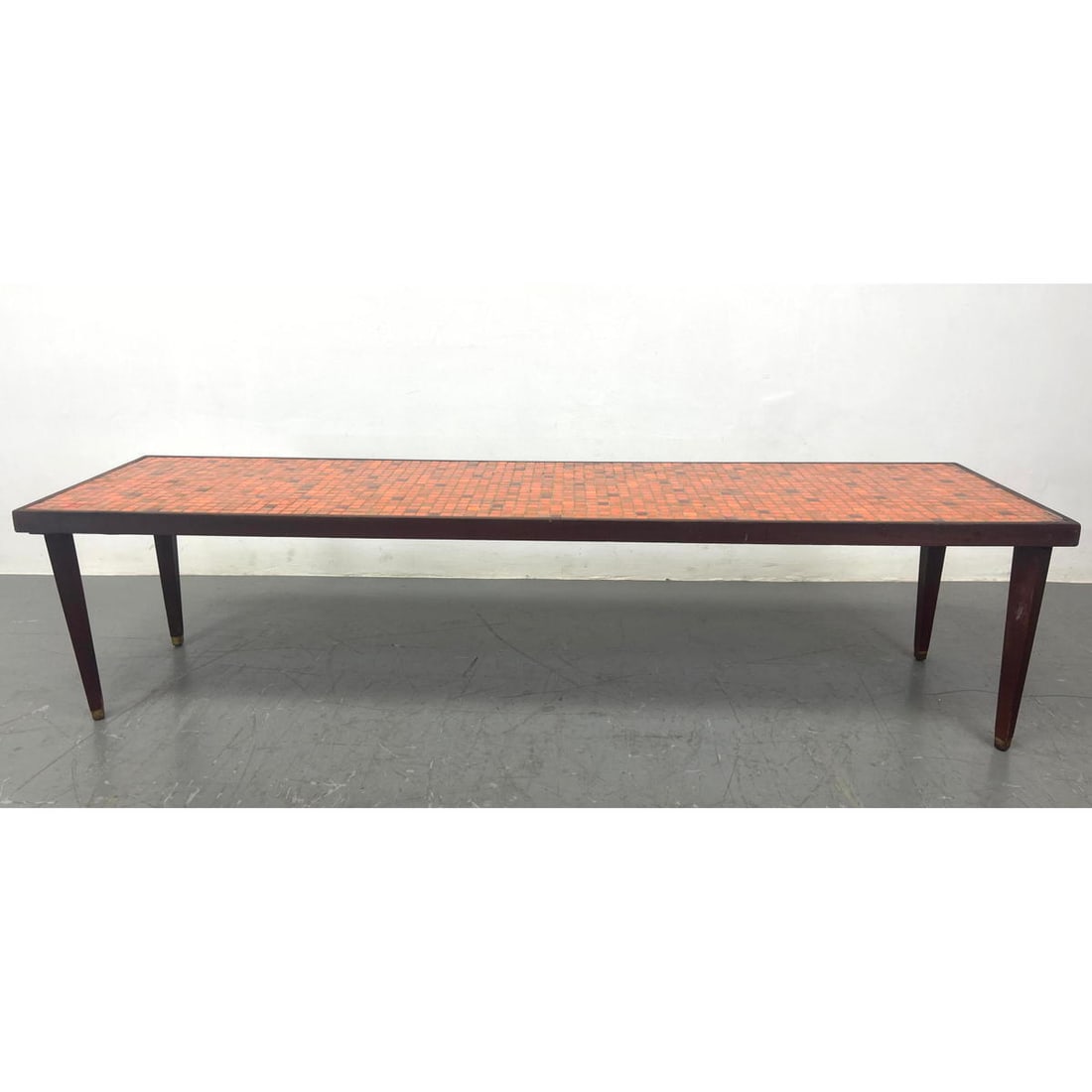 Mid Century Orange Tile Top Coffee Table. Orange and Assorted Glaze Small Tiles. Wood frame and legs (1 of 10)