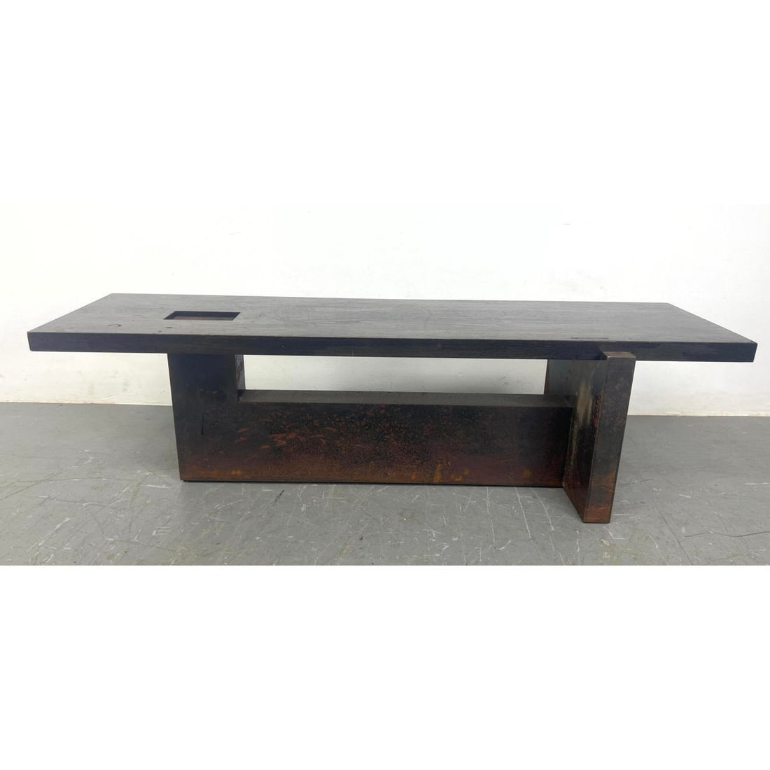 Designer Stained Oak and Steel Offset Base Coffee Table. Extremely Heavy (1 of 7)