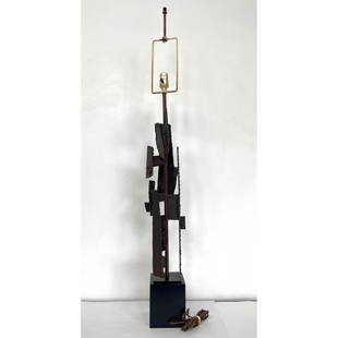 HARRY BALMER for LAUREL Brutalist Metal Lamp. Welded steel Sculpture. Black Base. Unmarked.: HARRY BALMER for LAUREL Brutalist Metal Lamp. Welded steel Sculpture. Black Base. Unmarked. H: 47 inches: W: 5 inches: D: 5 inches ---