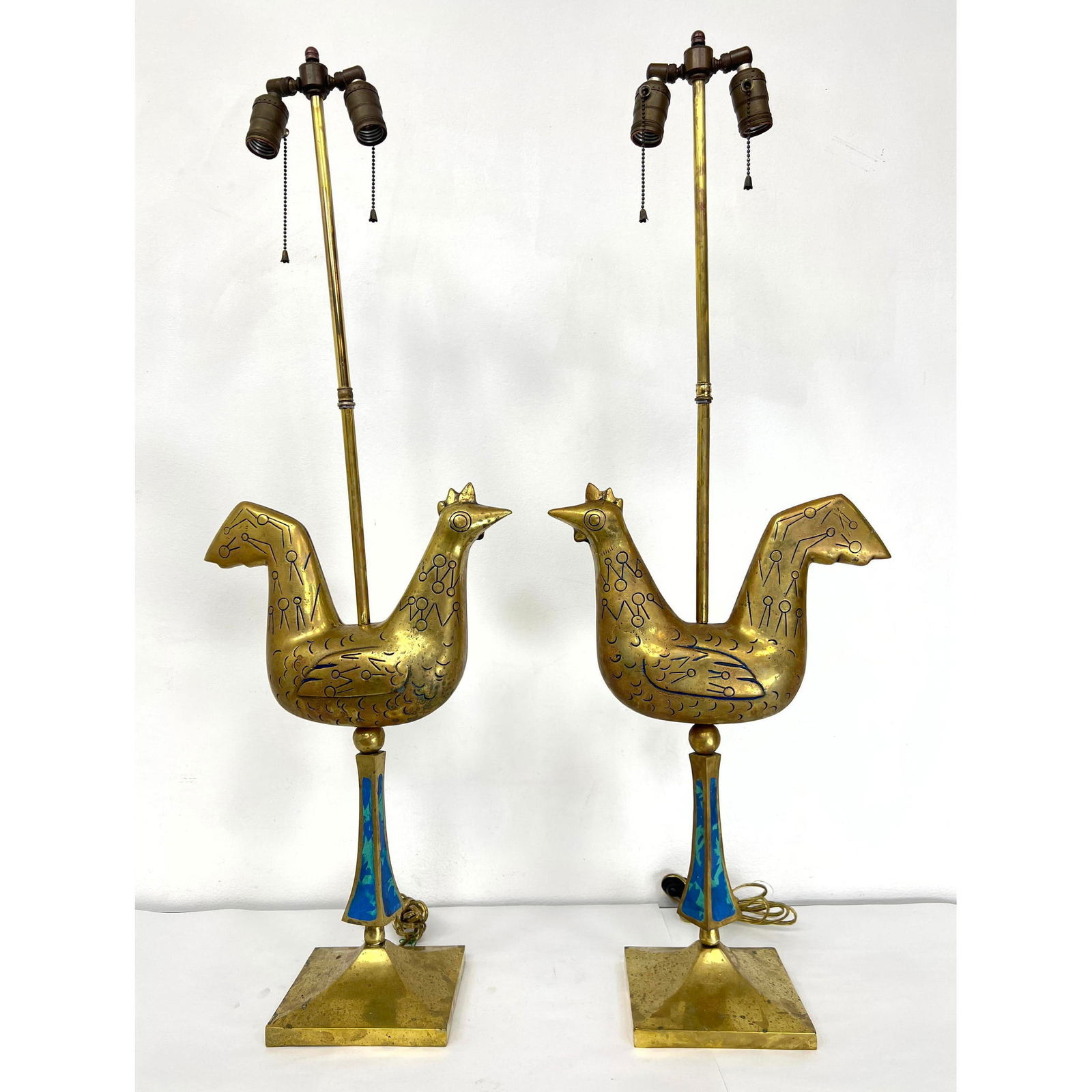 Pr Tall Bronze Rooster Figural Lamps. Enamel Blue, turquoise Highlights. Heavy Solid Figures. Modern (1 of 16)