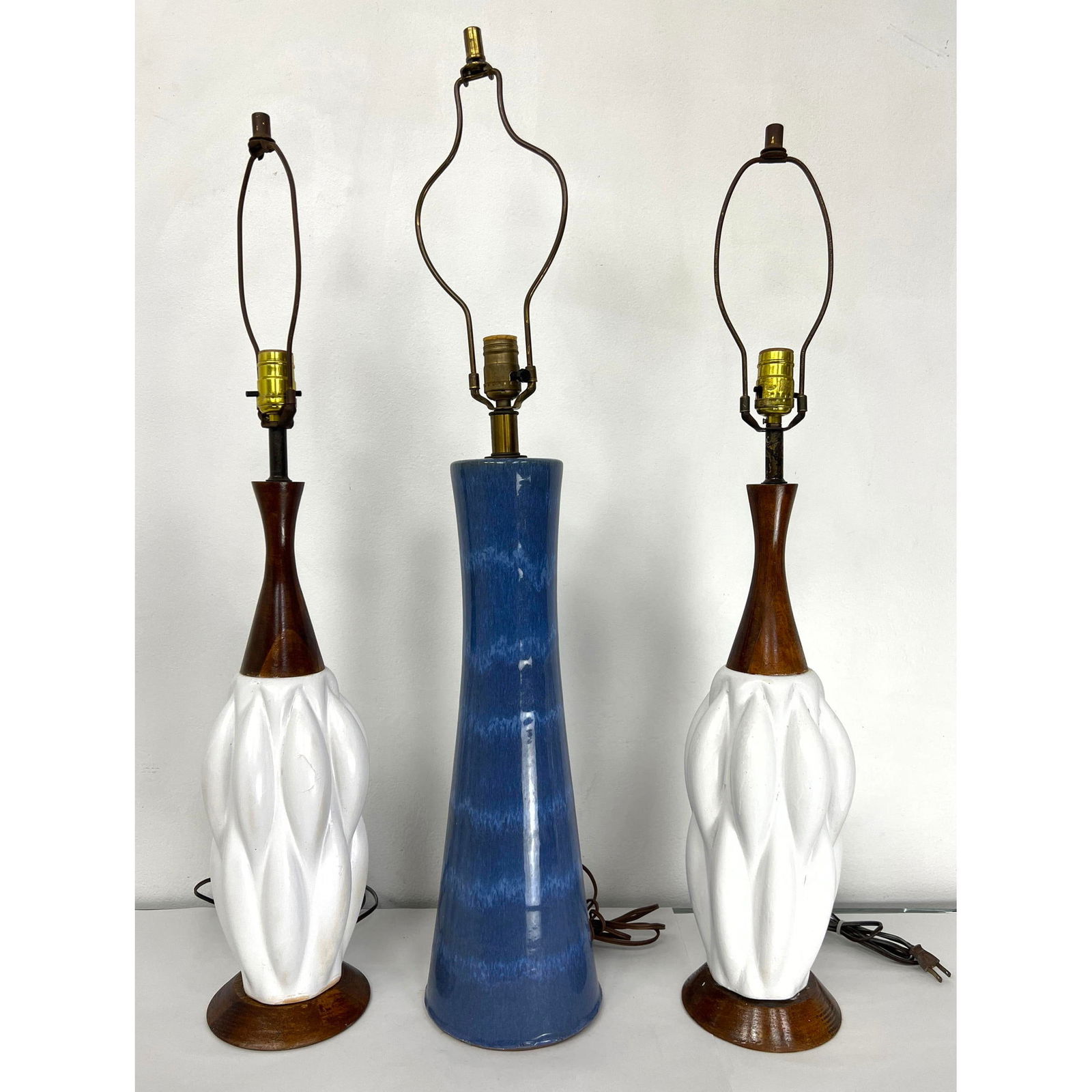 3pcs Mid Century Modern Table Lamps. Blue glazed Corseted lamp and Pair White melon form lamps. (1 of 18)