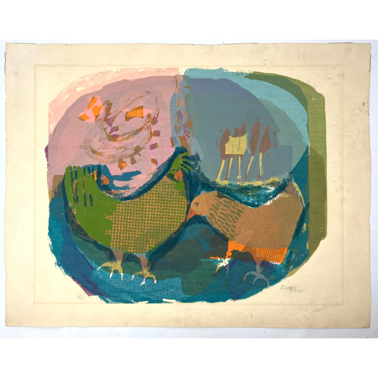 Picasso Lithograph Print. Abstract Chickens. Pencil signed and numbered. 2/20 (1 of 9)