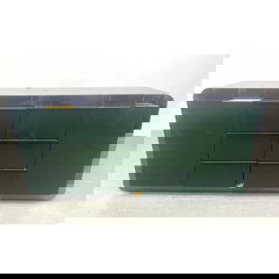 Paul Evans Curved 500 Custom Cabinet with Hunter Green Laminate and Stainless City Scape. Unmarked.: Paul Evans Curved 500 Custom Cabinet with Hunter Green Laminate and Stainless City Scape. Unmarked. H: 32.5 inches: W: 70 inches: D: 20 inches ---