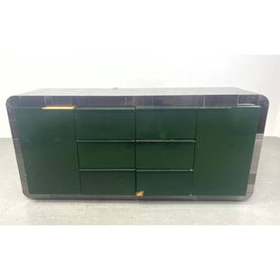 Paul Evans Curved 500 Custom Cabinet with Hunter Green Laminate and Stainless City Scape. Unmarked.: Paul Evans Curved 500 Custom Cabinet with Hunter Green Laminate and Stainless City Scape. Unmarked. H: 32.5 inches: W: 70 inches: D: 20 inches ---