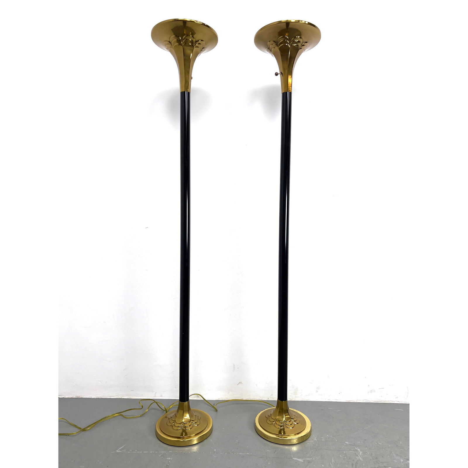 Pr Contemporary Brass Torchiere Floor Lamps. Heavy Decorative Trim Shade and Base. (1 of 11)