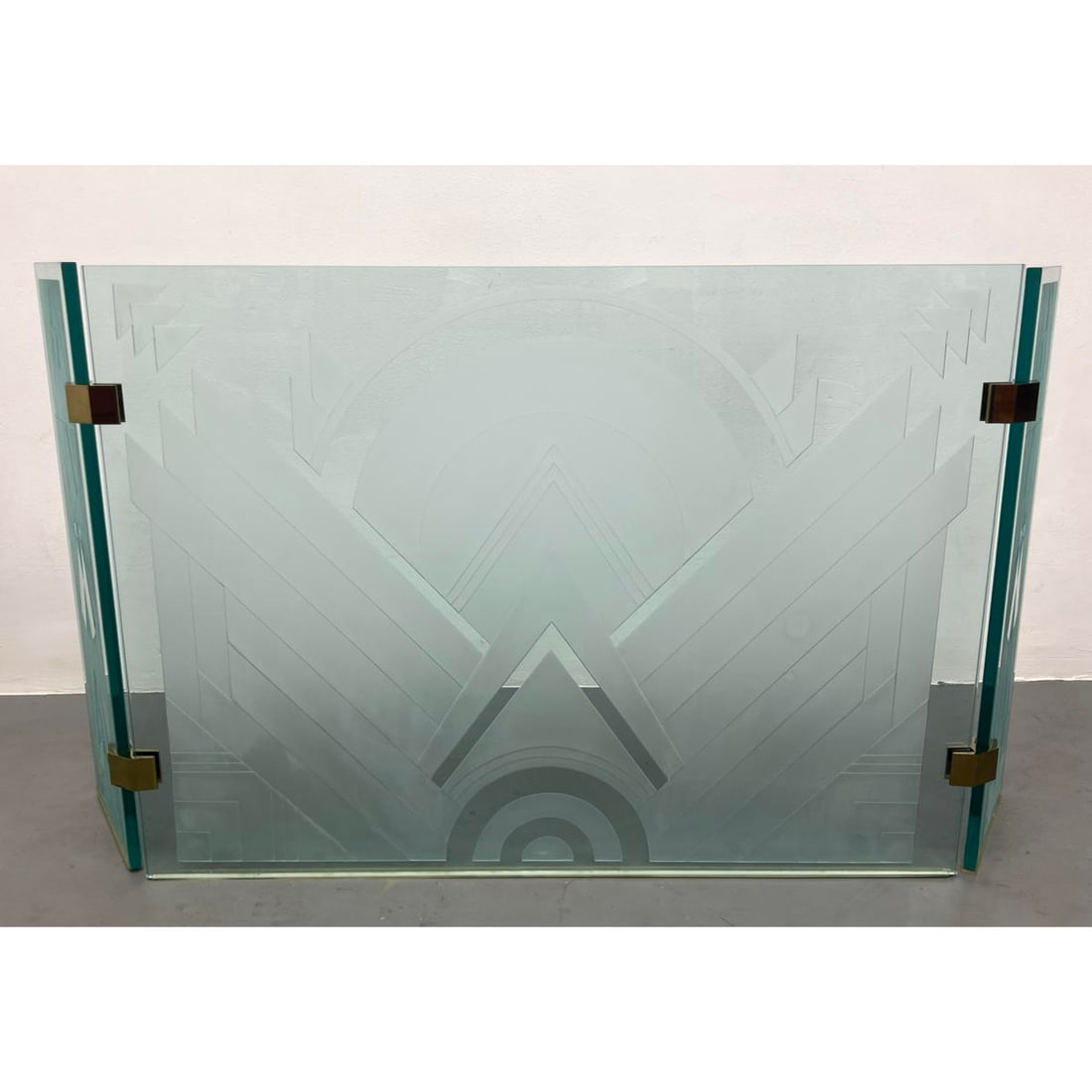 Modernist Art Deco style Etched Glass Fireplace Screen. Very thick glass with deep relief carved des (1 of 10)