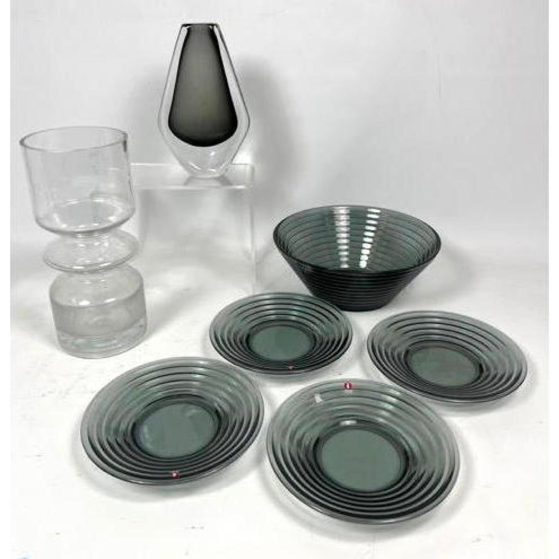 7pc Scandinavian glassware. 6pc AINO AALTO for IITTALA Ribbed glass ware. ORREFORS Vase, Tamawa Alad: 7pc Scandinavian glassware. 6pc AINO AALTO for IITTALA Ribbed glass ware. ORREFORS Vase, Tamawa Aladin Riikimaen H: 10 inches: W: 4 inches: D: 4 inches --- US Packing and Shipping charge: In house shi